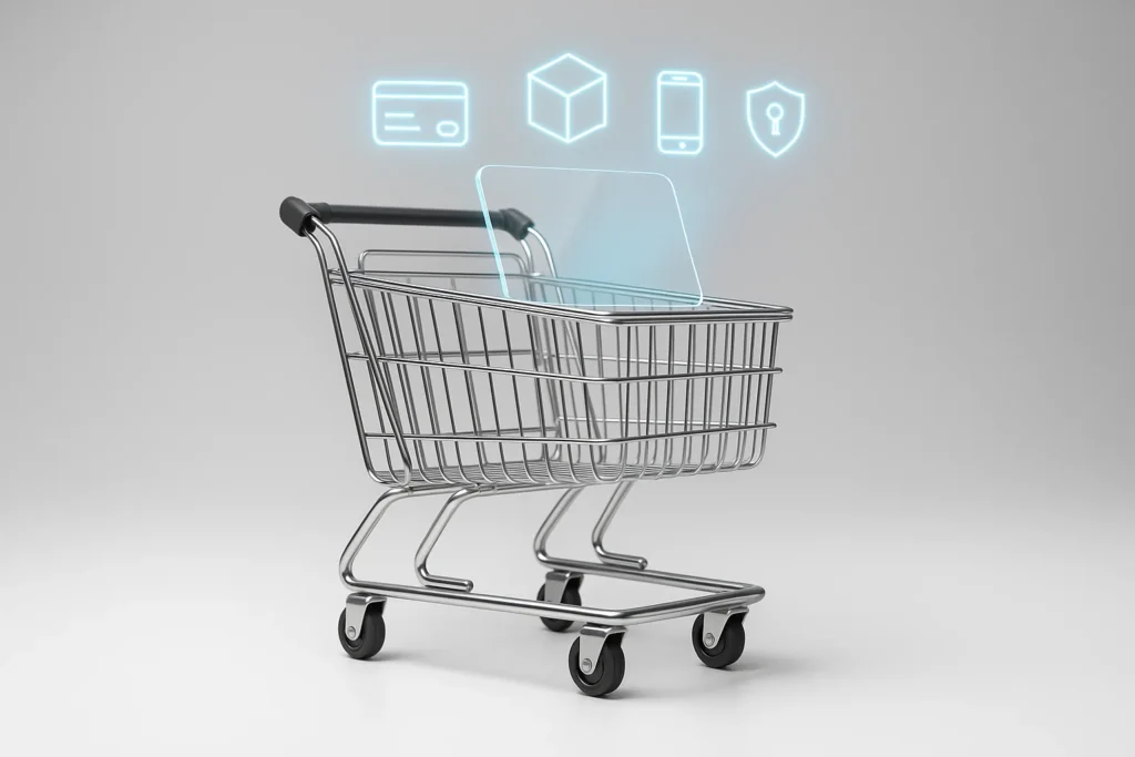 A photorealistic single modern shopping cart with a sleek chrome frame and an integrated translucent touchscreen panel showing abstract glowing hologr...