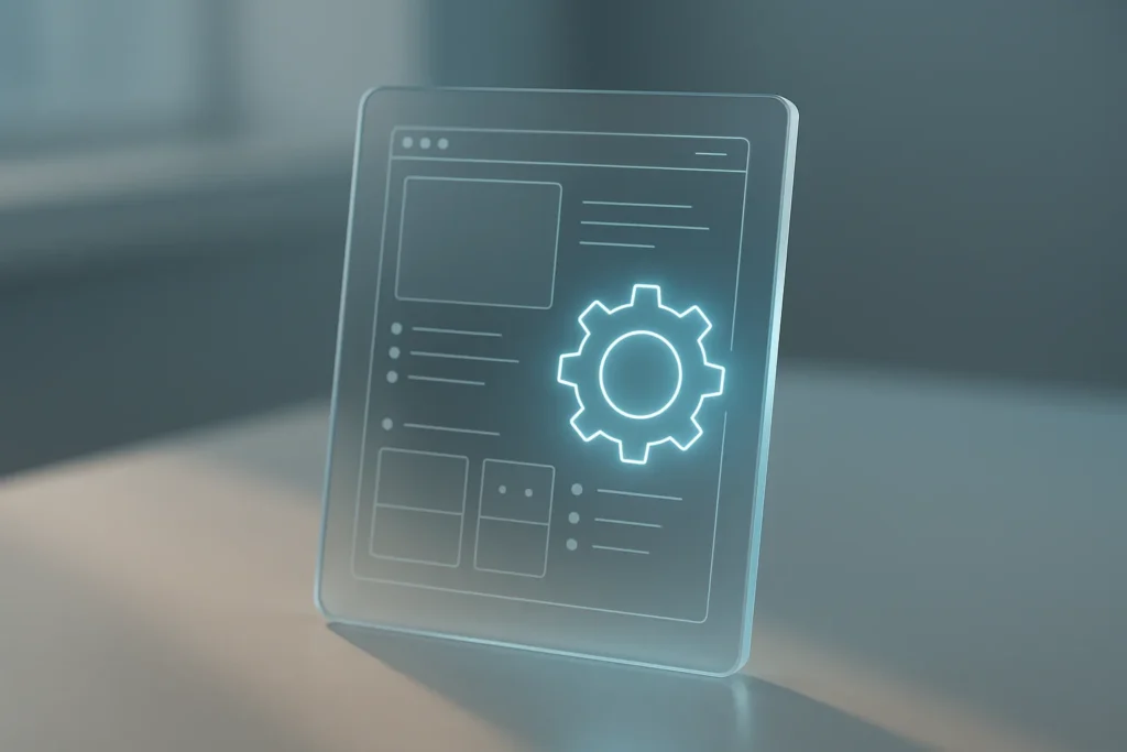 A single object: a futuristic translucent tablet displaying a simplified website wireframe and a glowing gear symbol, resting on a minimalist desk wit...