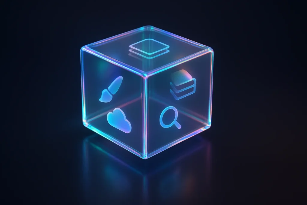 A single polished 3D holographic cube composed of translucent layered panels, each panel subtly bearing symbolic icons: a paintbrush for visual design...