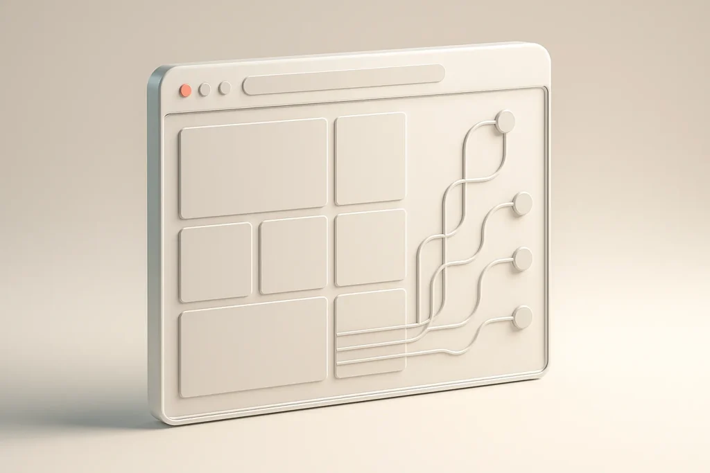 A single, striking object: a realistic 3D browser window mockup with modular grid panels and a subtle flow of connected nodes like a circuit, symboliz...
