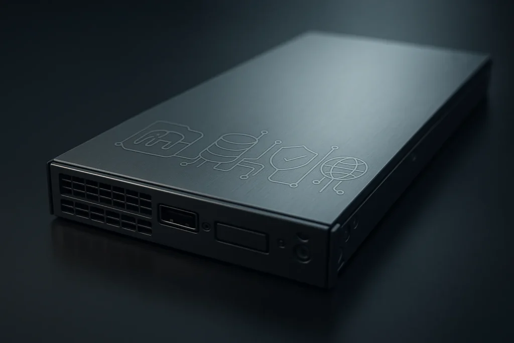 Photorealistic close-up of a single sleek modern server blade on a dark reflective surface, soft cool lighting, subtle etched abstract icons represent...